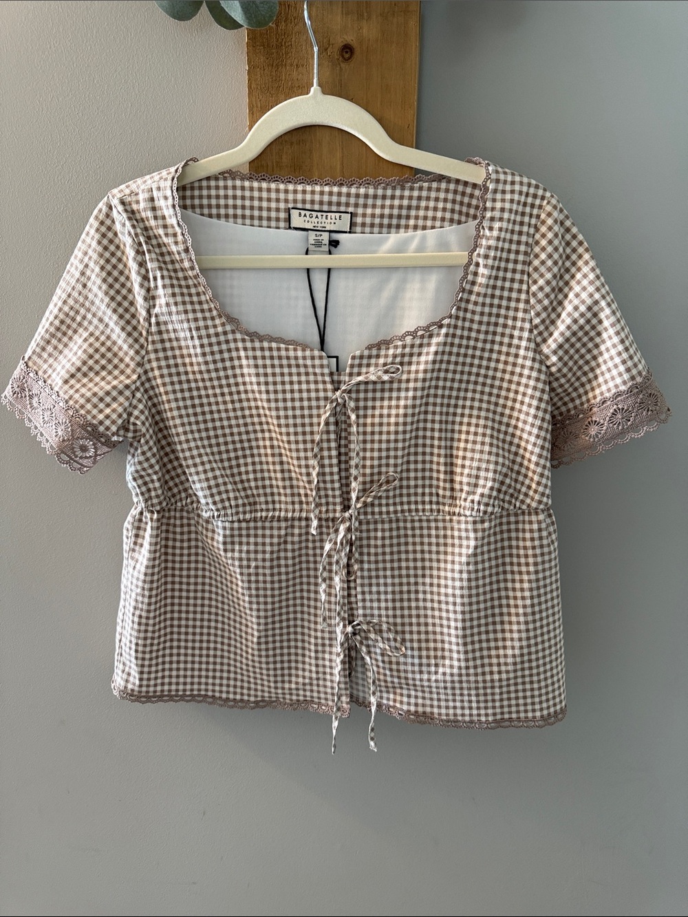 Bagatelle Taupe Gingham Lace-Trim Tie-Front Top, NWTs